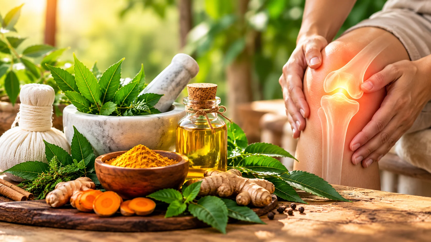 Ayurvedic joint care with herbal oils, turmeric and a visual illustration of knee joint discomfort