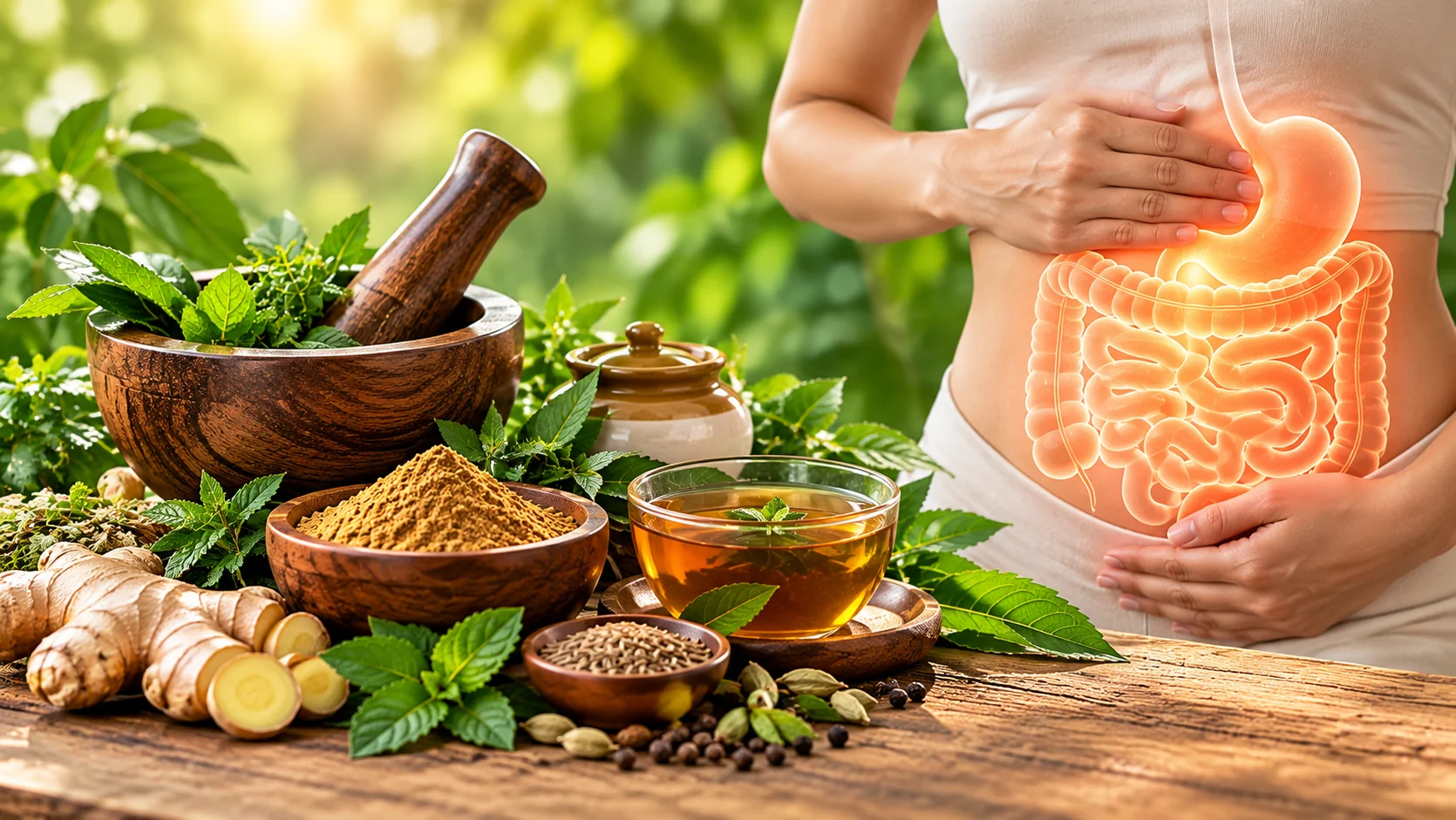 Ayurvedic digestive health care featuring medicinal herbs, ginger, herbal tea and a digestive system illustration