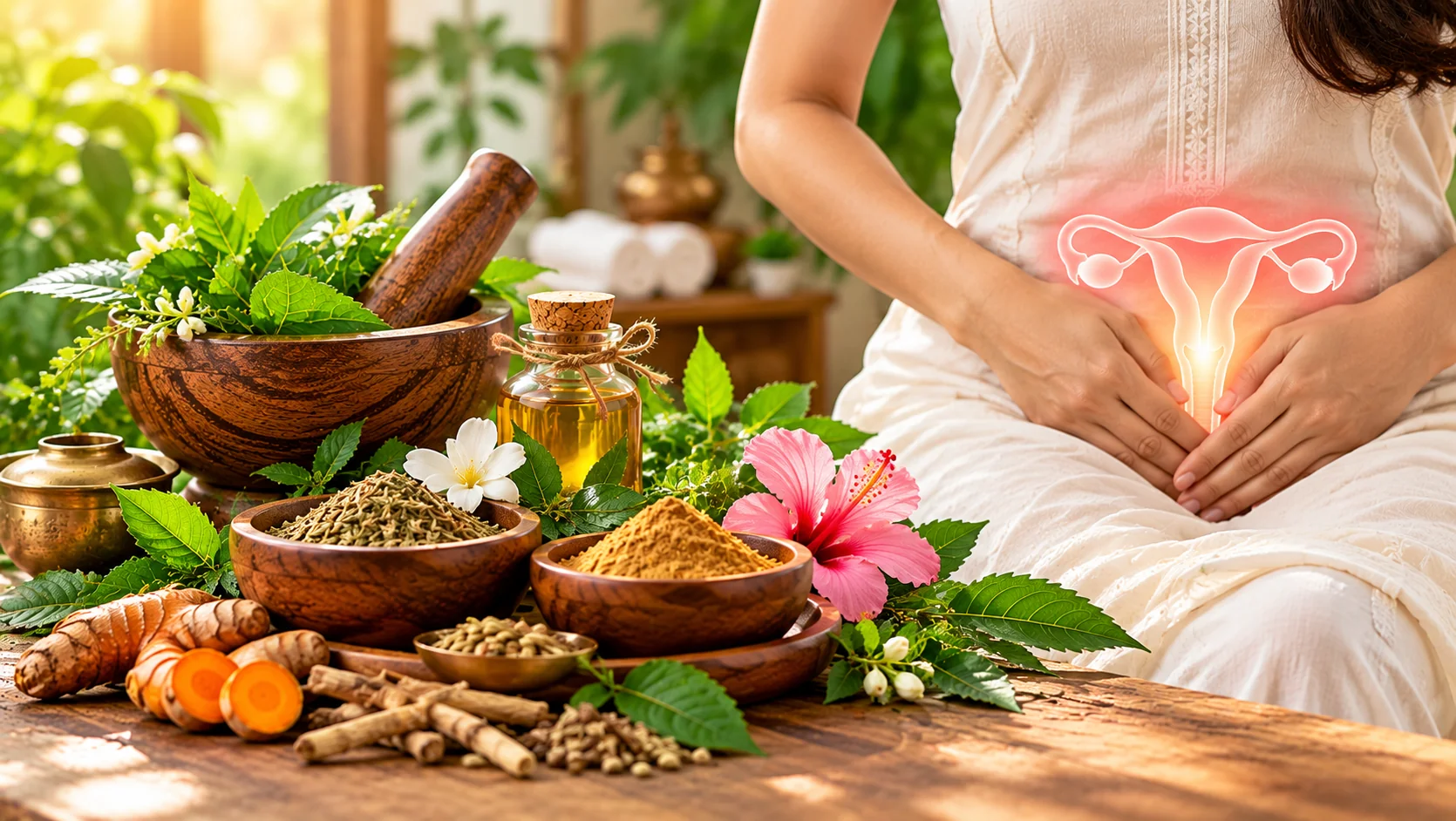 Ayurvedic women's health care with medicinal herbs, natural oils and a reproductive system illustration
