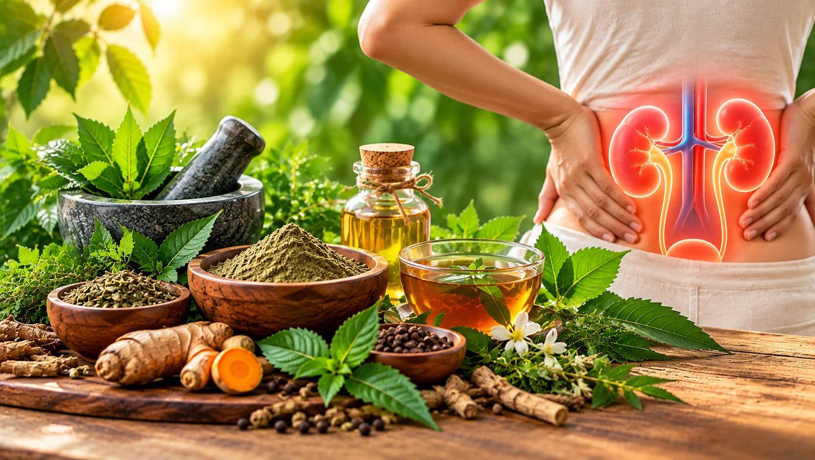 Ayurvedic kidney health care featuring medicinal herbs, herbal tea and an anatomical illustration of the kidneys