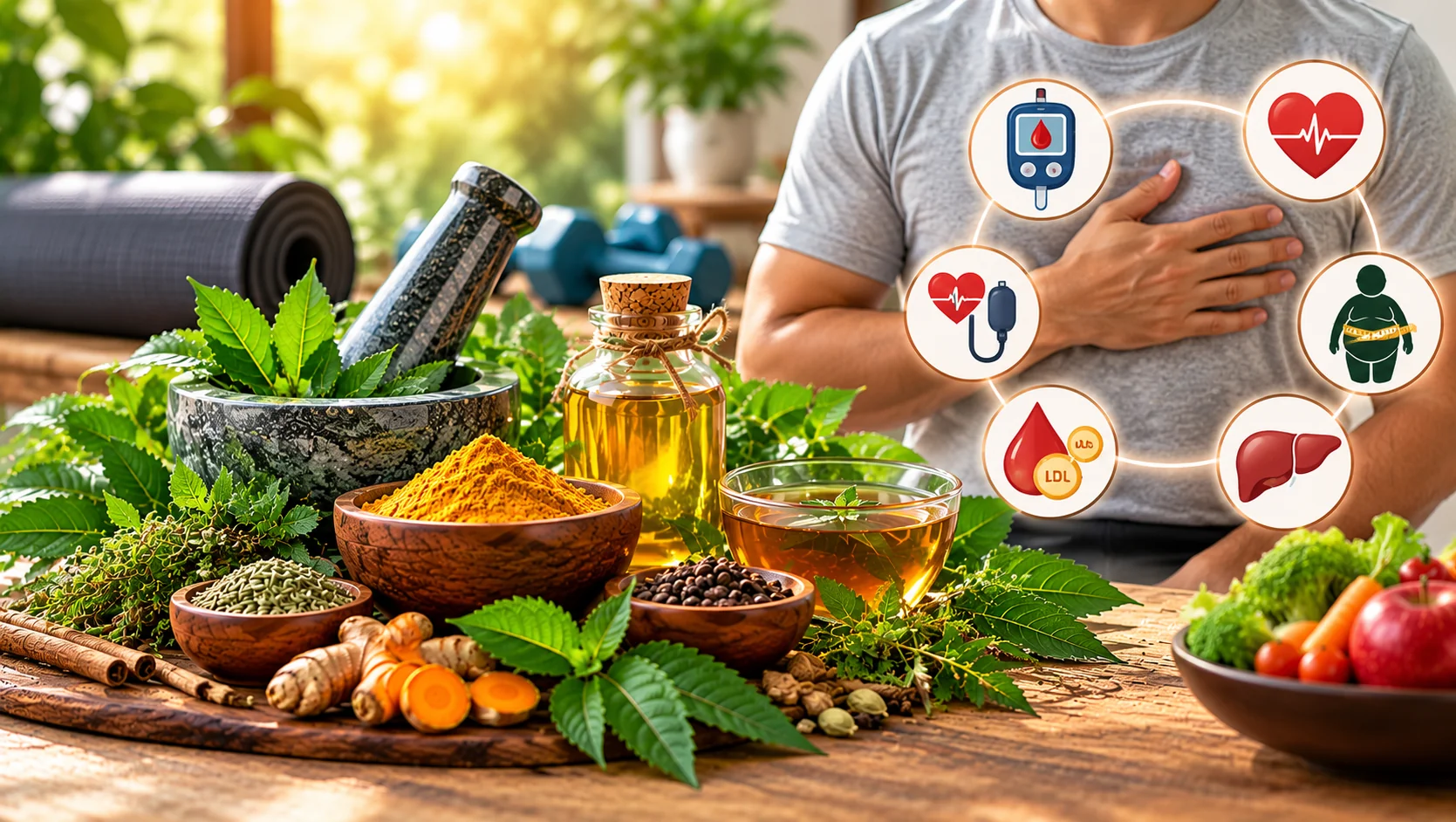 Ayurvedic lifestyle health care featuring medicinal herbs, fresh produce and illustrations of common chronic health conditions