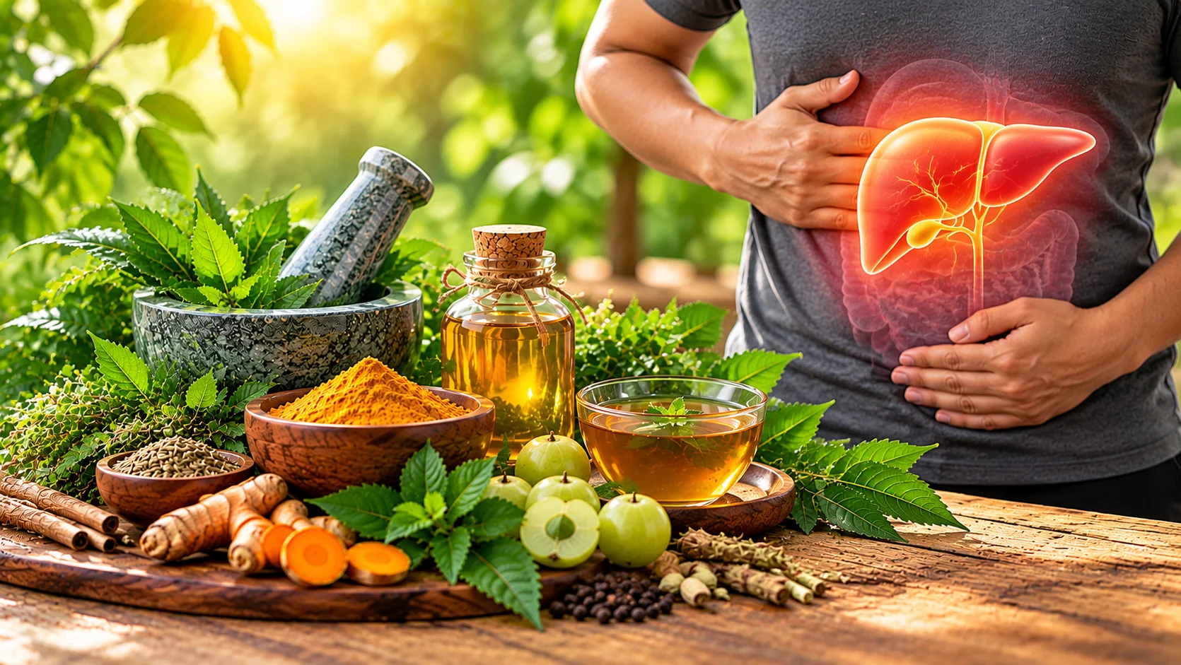 Ayurvedic liver health care with medicinal herbs, amla, turmeric, herbal tea and a liver illustration