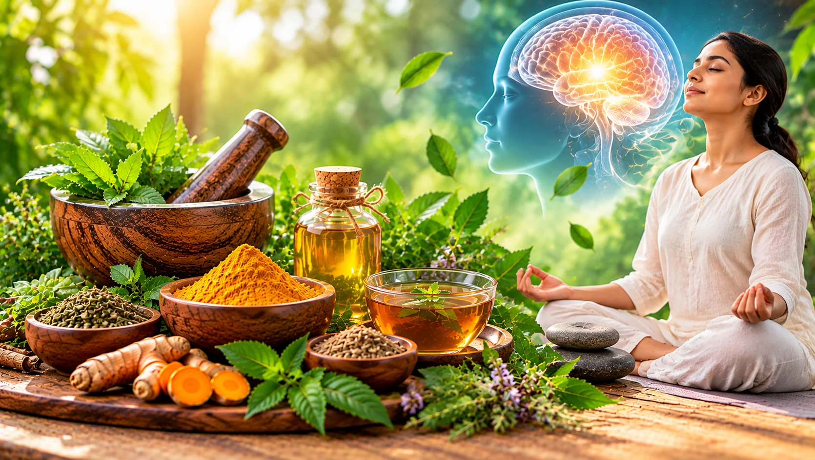 Ayurvedic mental wellness and meditation with medicinal herbs, herbal oils and a calming brain illustration