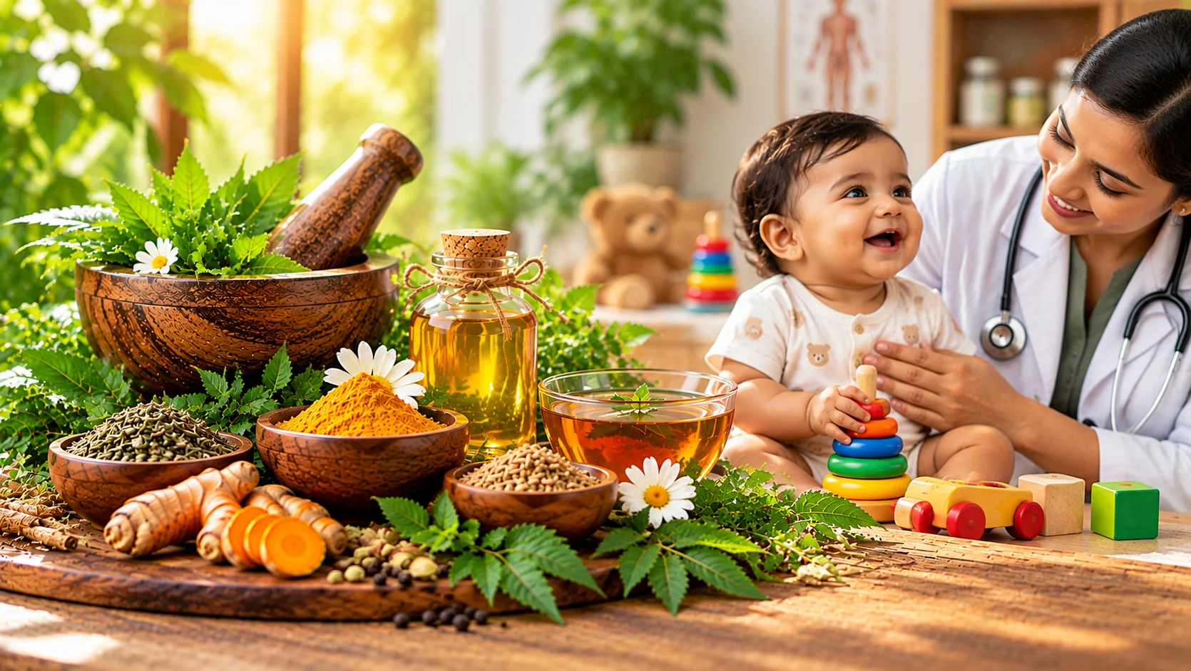 Ayurvedic pediatric care featuring a doctor gently examining a baby in a child-friendly clinical setting
