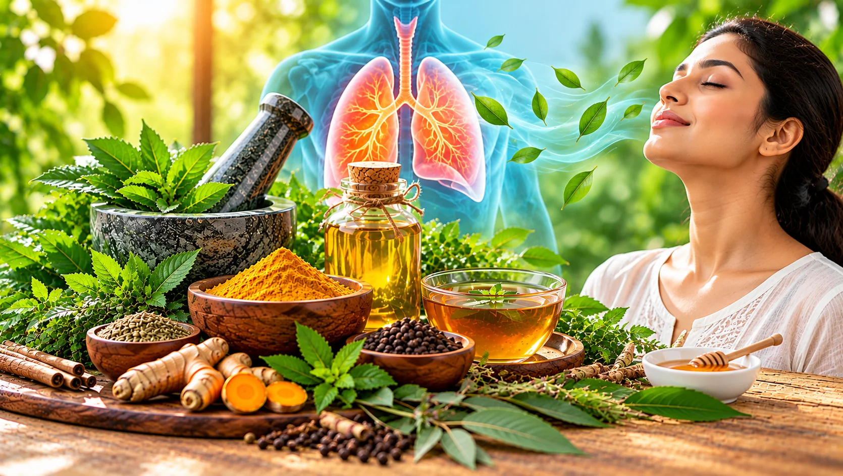 Ayurvedic respiratory wellness featuring medicinal herbs, ginger, honey, herbal tea and a lung illustration