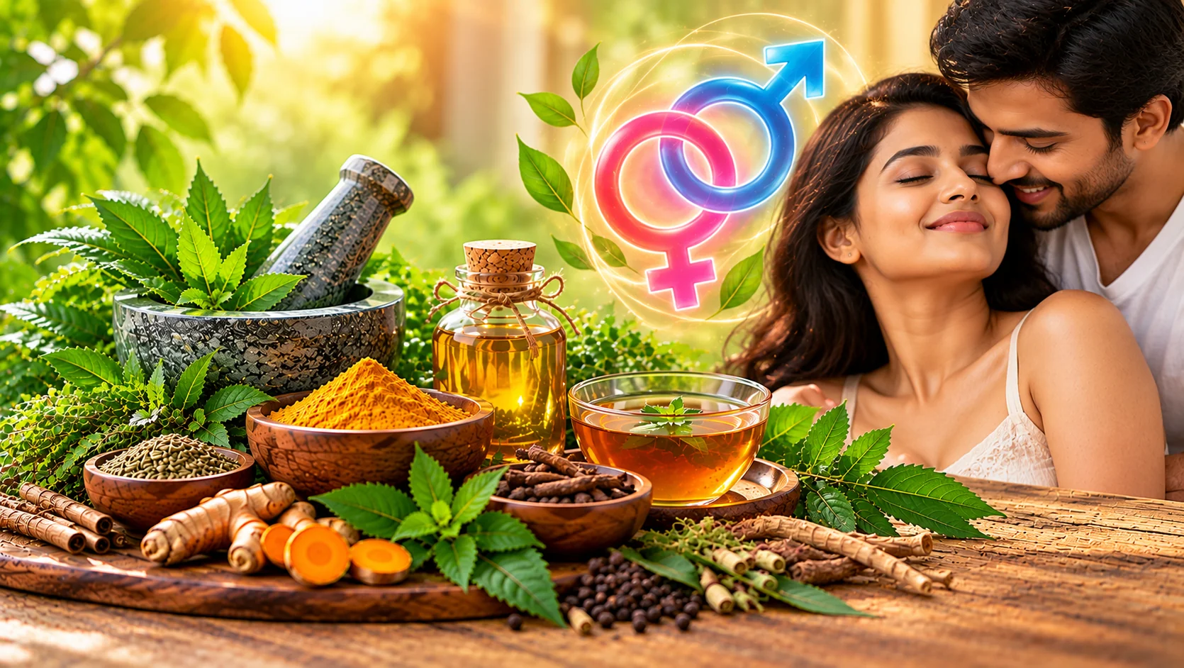 Ayurvedic sexual health and intimate wellness represented by a couple, medicinal herbs and natural oils